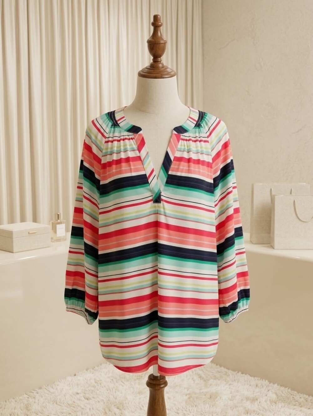 Crown & Ivy XL Bright Striped Blue, Green & White Blouse